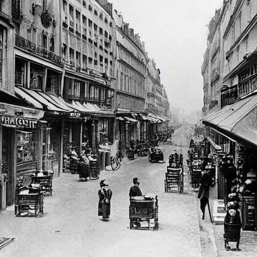 Prompt: une rue de paris vide avec des voitures garees, un restaurant avec une terrasse, des boutiques avec des neons, en debut de matinee en 1 8 8 0