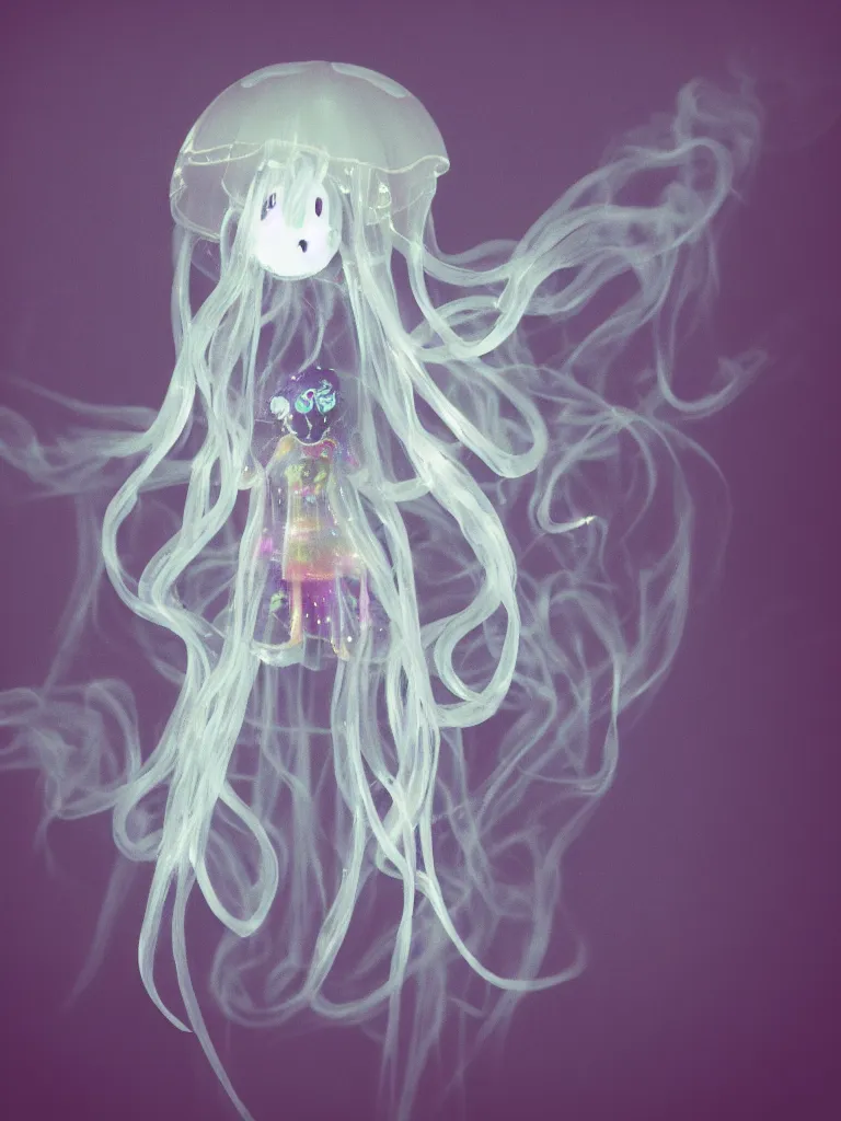 Image similar to cute fumo plush smiling ectoplasmic gothic macabre shiny jellyfish ghost girl, glowing wisps of hazy smoke, lens flare, vignette, refraction, vray