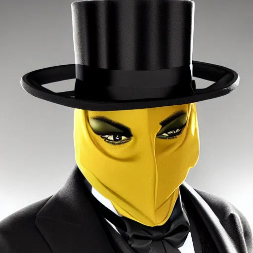 Image similar to a highly detailed portrait of a man in a high top hat covering his face, in a black tailcoat with a yellow waistcoat under the tailcoat, artstation, deviantart, professional, unreal engine 5, photorealistic