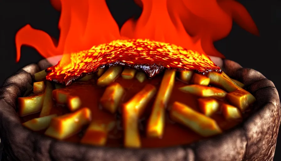 Image similar to poutine ( the canadian meal ) from mount doom, volcano texture, lava texture, fire texture, 8 k, octande render, unreal engine 5, surface blemishes, hdr