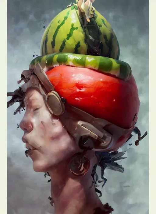 Image similar to semi reallistic gouache gesture painting, by yoshitaka amano, by ruan jia, by conrad roset, by dofus online artists, detailed anime 3 d render of a watermelon living inside a person's chest, portrait, cgsociety, artstation, rococo mechanical, digital reality, sf 5 ink style, dieselpunk atmosphere, gesture drawn