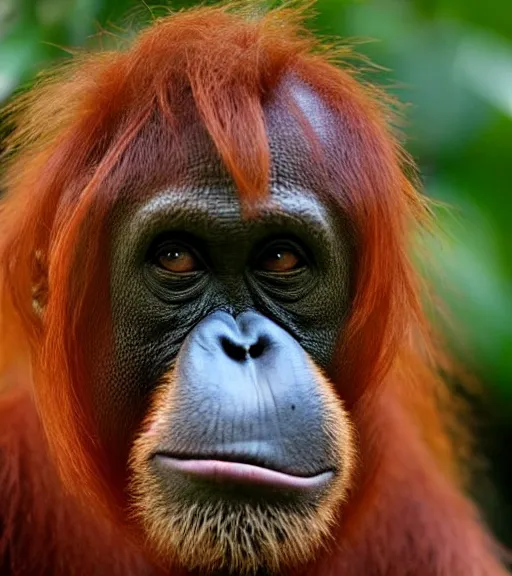 Prompt: An elderly Orangutan in a tailored suit admires his lovely haircut