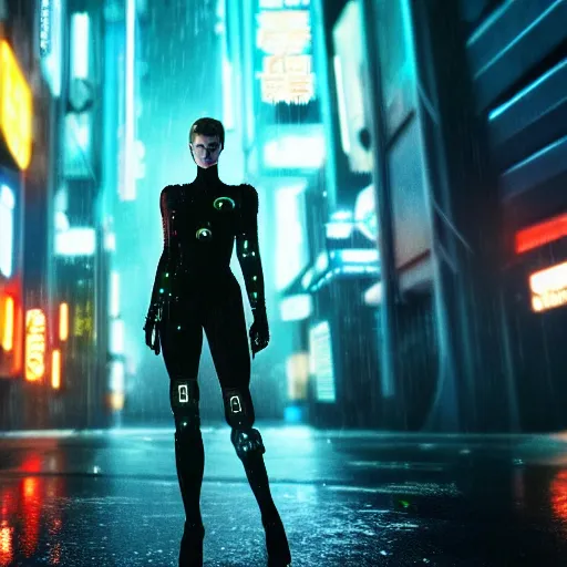 Image similar to jennifer connely as a cyborg in a cyberpunk movie in a distopic futuristic city in the style of bladerunner, movie still, highly detailed, rainy night, volumetric lights, dramatic, scifi