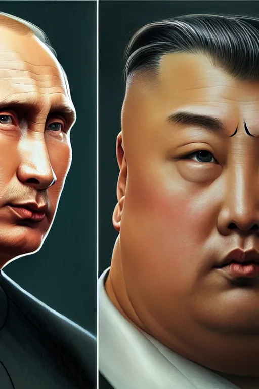 Image similar to vladimir putin with kim jong un hairstyle, realistic portrait, symmetrical, highly detailed, digital painting, artstation, concept art, smooth, sharp focus, illustration, cinematic lighting, art by artgerm and greg rutkowski and alphonse mucha