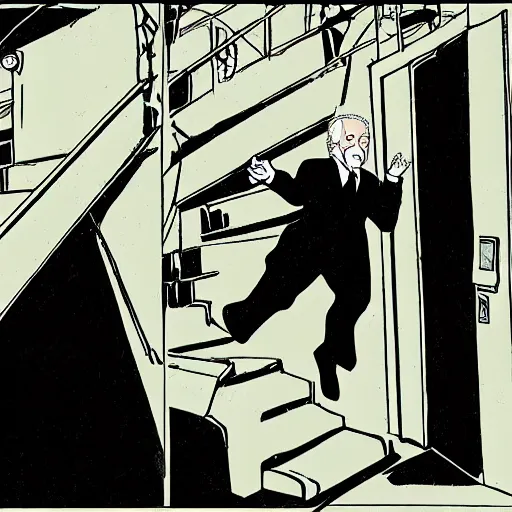 Image similar to manga panel of Joe Biden falling down the steps in the style of Spy X Family