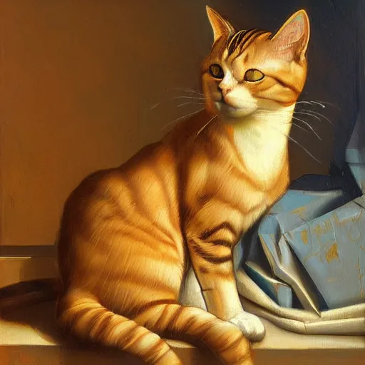 Prompt: a cat, dmitry spiros, leonardo da vinci, jacques - louis david, johannes vermeer, 8 k, wide angle, trending on artstation,