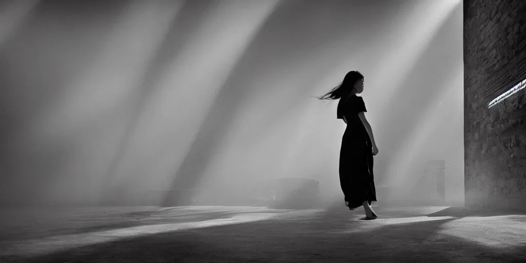 Image similar to high - contrast cinematic atmospheric photo of a lost girl looking backwards by fan ho, realistic, god rays