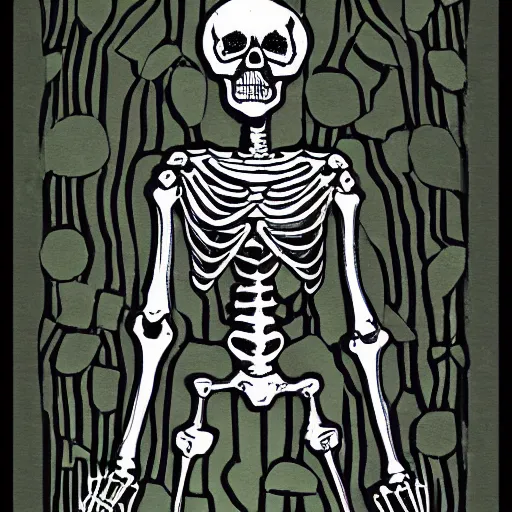 Image similar to tarot card style skeleton made from metal and wires, extremely detailed, line work, black and green, parchment, card, tarot, manuscript, 8 k