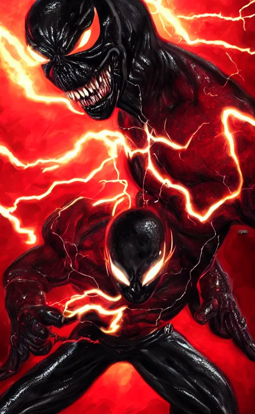 Image similar to full body portrait of venom as the flash, black and red, dynamic lighting, cinematic, ultra detailed, trending on art station, stunning visuals, creative, fantasy concept art