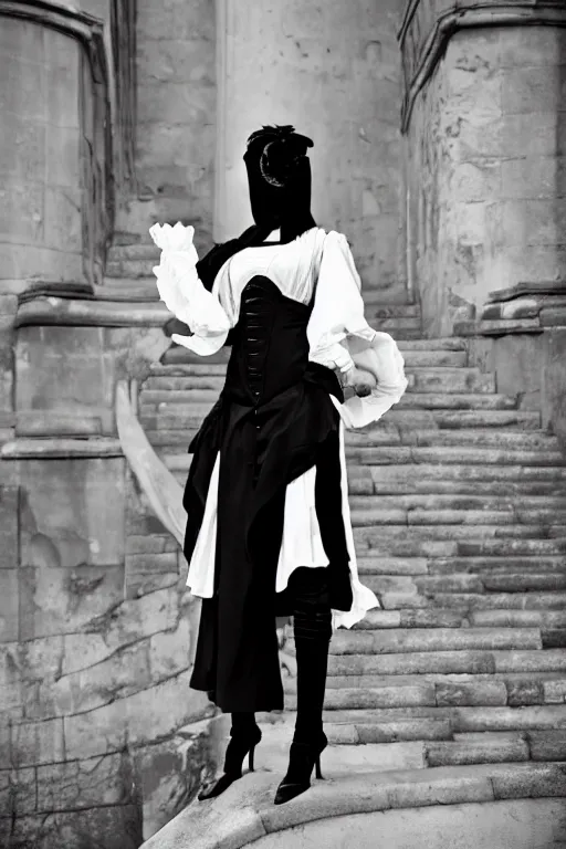 Image similar to high fashion photoshoot in london wearing 1 9 th century fashion inspired by rick owens, vogue, wonderland. fashion photography, streetwear.