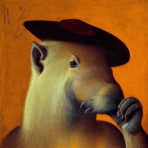 Image similar to gentleman capybara smoking, portrait, painting, vivid colours, Renaissance, detail, da vinci