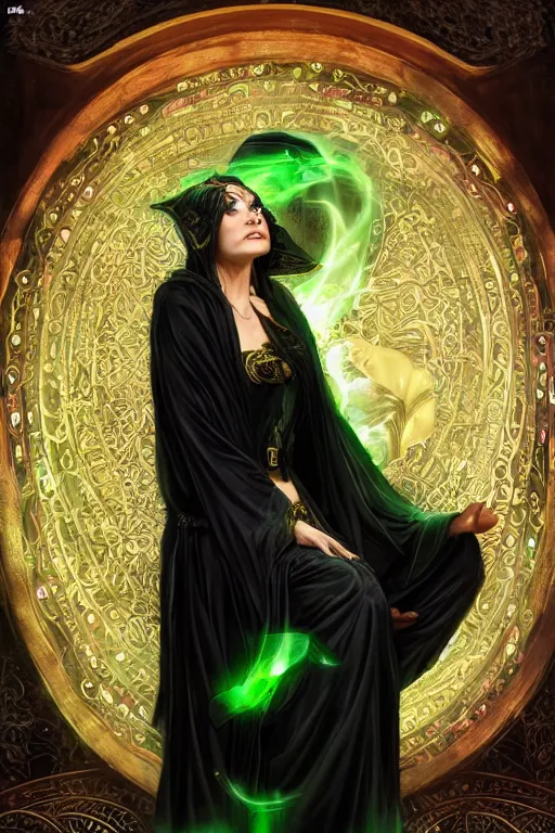 Image similar to a sorceress wearing a black robe with gold embroidery, sitting at table, casting a spell, green glows, painted by artgerm and tom bagshaw and alphonse mucha, in the style of magic the gathering, highly detailed digital art