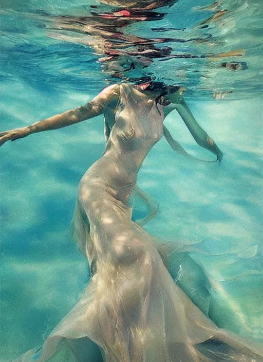 Image similar to girl in a long dress swimming underwater, caustics, surreal underwater photography, oil painting by Boldini