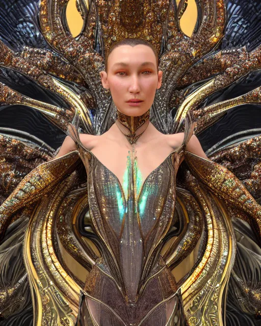 Image similar to a highly detailed metahuman 4 k close up render of an alien goddess bella hadid monument persephone in iris van herpen dress schiaparelli in diamonds crystals swarovski and jewelry iridescent in style of alphonse mucha gustav klimt trending on artstation made in unreal engine 4