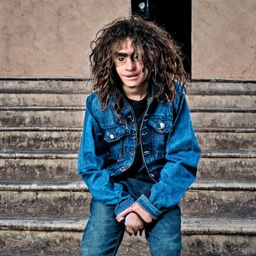 Prompt: teenage bboy, long shaggy hair permed hair, double denim, heavy rocker, 2 0 2 2 photograph