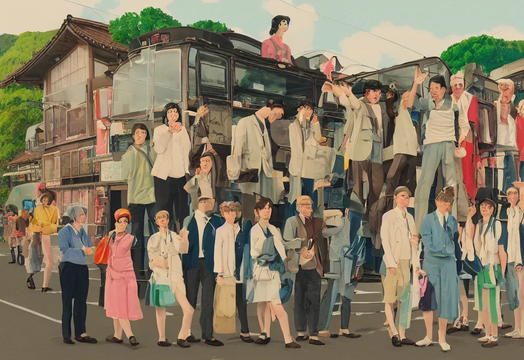 Image similar to full body portrait of a group, a row of a several european tourists getting off a tour bus, standing with a variety of poses and props, several character designs, sightseeing in rural japan, a detailed painting, in the style of wes anderson, lola dupre, david hockney, isolated on negative white space background dark monochrome neon spraypaint accents volumetric octane render