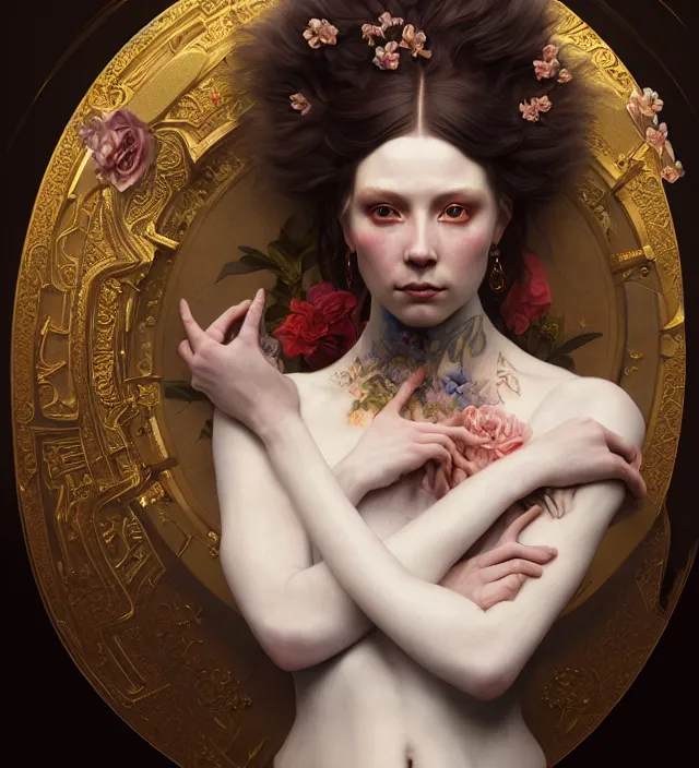 Prompt: baroque portrait of a icelandic princess of porceline skin, full body floral tattoos, cinematic lighting, photorealistic, octane render, 8 k, art by artgerm and greg rutkowski and alphonse mucha and uang guangjian