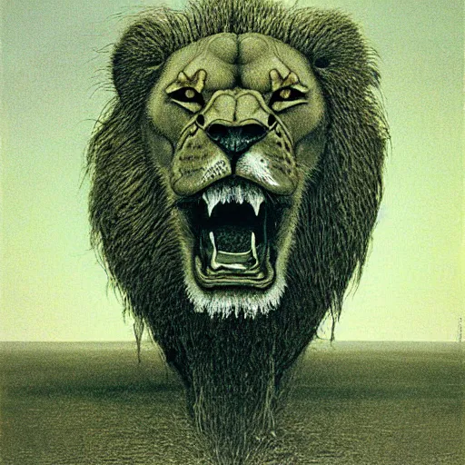 Image similar to metamorph with four faces : man, lion, eagle, bull. drawn by zdzislaw beksinski