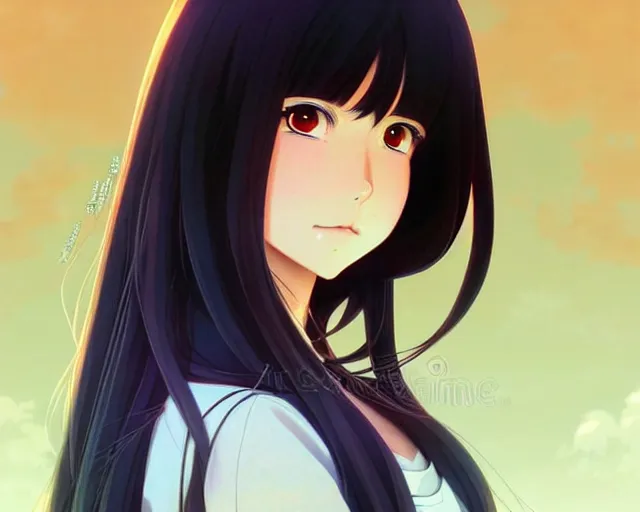 Image similar to beautiful anime girl with long black hair and bangs, fine details portrait, bokeh. anime masterpiece by Studio Ghibli. illustration, sharp high-quality anime illustration in style of Ghibli, Ilya Kuvshinov, Artgerm