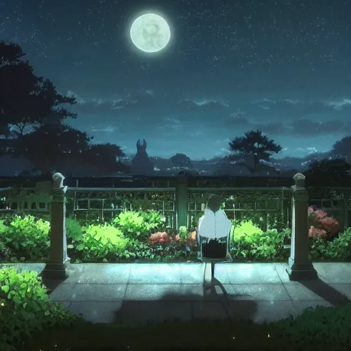 Image similar to a secret garden at night, moon, no people, by makoto shinkai