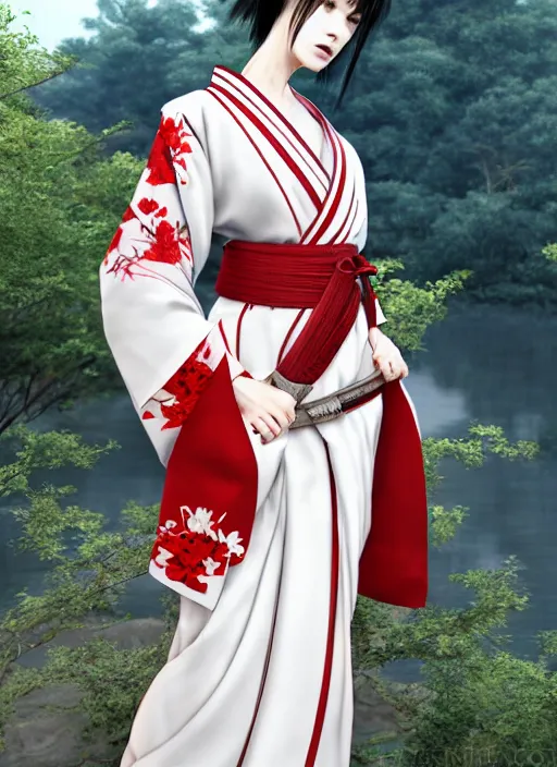 Image similar to character design, red and white kimono, samurai, dark long hair, princess cut hairstyle ， beautiful, elegant, symmetrical face, long legs, regular feet, big katana, full body, wisteria trees, realistic, uhd, unreal engine, detailed