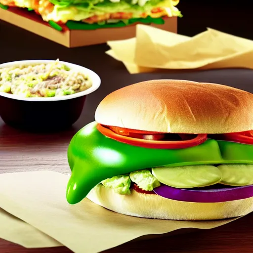 Image similar to promotional shot of the new frog sandwich from subway,