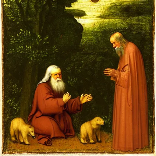 Image similar to St. Seraphim of Sarov talking to a bear in the woods by Leonardo Da Vinci