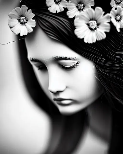 Prompt: black and white dreamy young beautiful veiled female artificial intelligence, realistic flowers ornament in the face, long hair are intricate with highly detailed realistic flowers, cinematic, rim light, bokeh, photo - realistic, elegant, high detail, 8 k, masterpiece, photo taken in 1 9 3 0