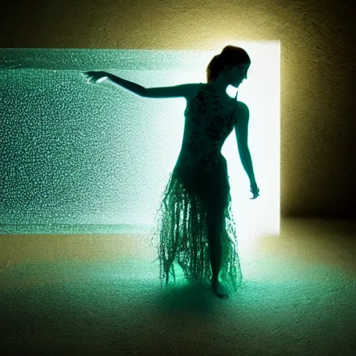 Image similar to woman dancing underwater wearing a dress made of seaweed that is flowing in the current, lighting with caustics from sunlight, cinematic, photorealistic