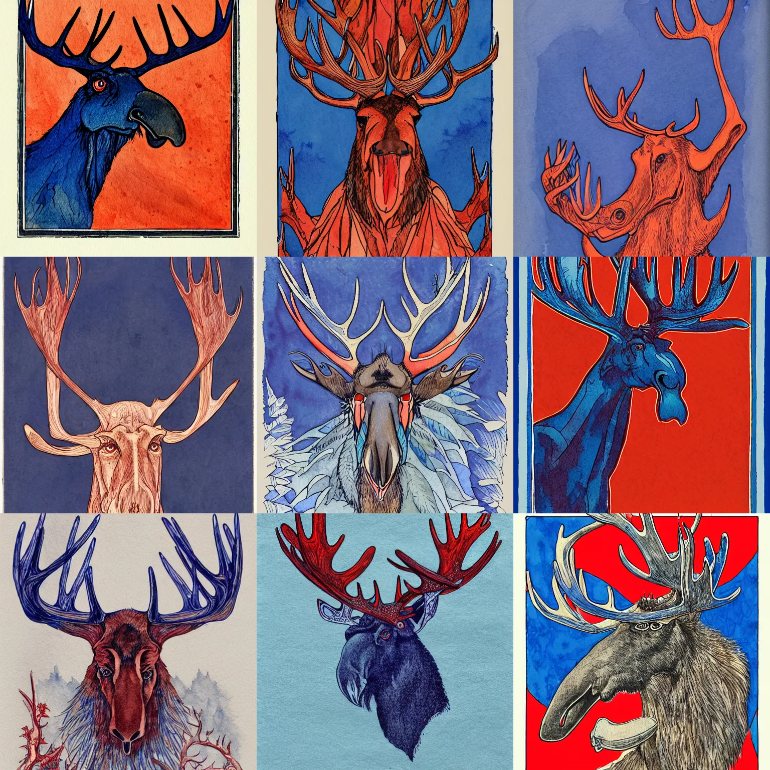 Prompt: turkey - moose creature with four arms and long neck, mandibles, graspers, pinchers, holding branches | romanticist, art nouveau illustration, loose linework, watercolor wash over inks, cadmium red, cobalt blue, payne's grey, luminism