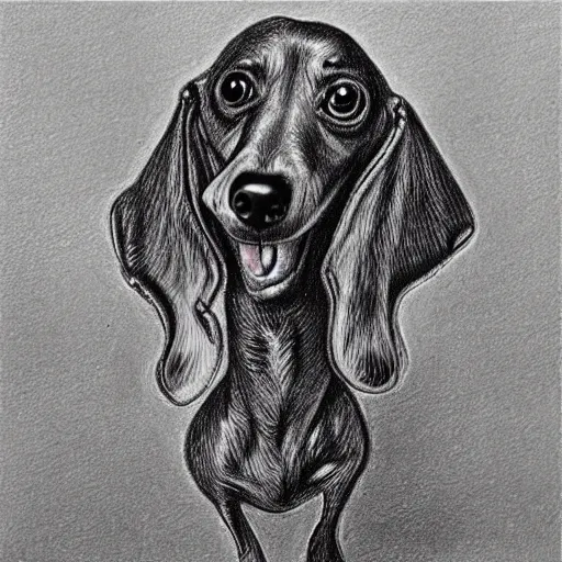 Image similar to “ a drawing of a dachshund in the style of hr giger, surreal, eerie ”