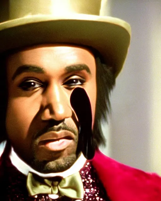 Image similar to film still close - up shot of kanye west as willy wonka from the 1 9 7 1 movie willy wonka & the chocolate factory. photographic, photography