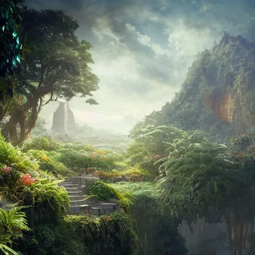 Image similar to beautiful!!!!!! garden at the top of a babylonian ziggurat, eden, jungle, greg rutkowski, chris tulloch mccabe, valentina remenar, asher duran, digital art, concept art, trending on artstation