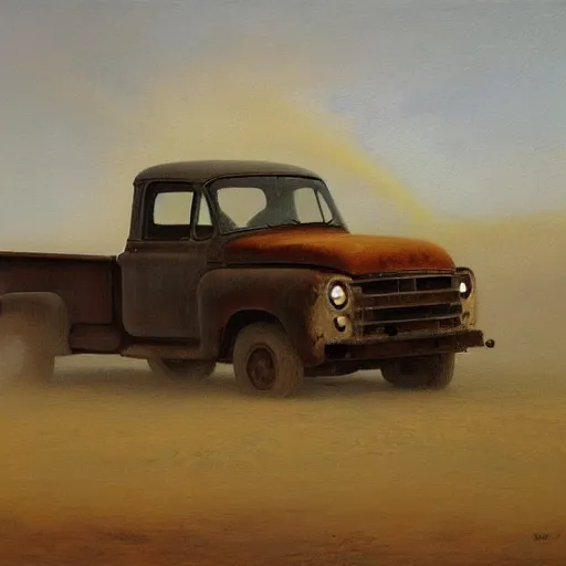Prompt: a detailed, beautiful oil painting of a dying field and ancient pickup truck under a gathering sandstorm, tonalism nonviolent alpenglow