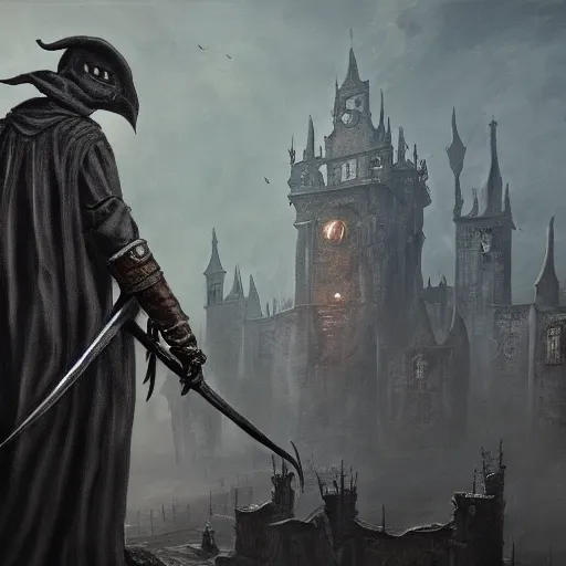 Image similar to Plague doctor, Bloodborne boss, matte painting, detailed, Bloodborne, oil on canvas