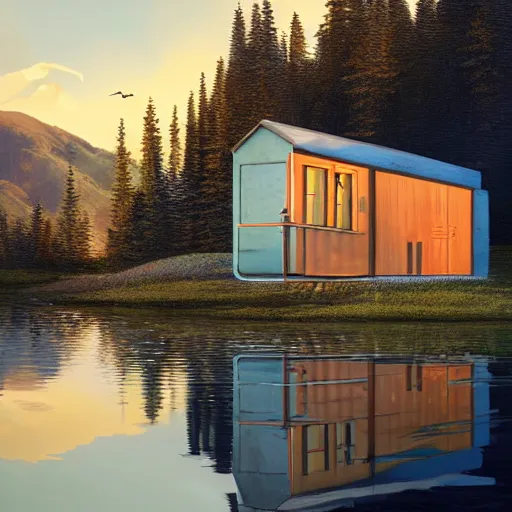 Prompt: small robot cottage at the edge of a lake in the mountains, painterly painting by james gueney and beeple, soft glowing windows, early evening, reflections, pine trees, detailed, outlined