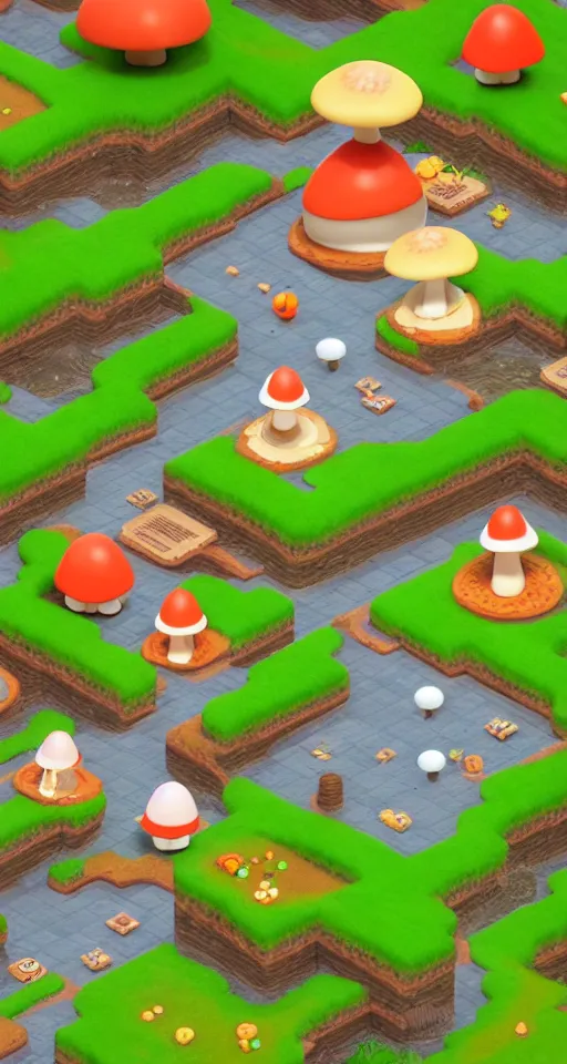 Image similar to a cute little isometric mushroom village garden, trending on artstation, 3d render, monument valley, fez video game,