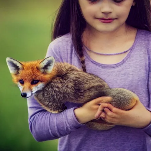 Prompt: a photo a little girl holding 5 baby foxes