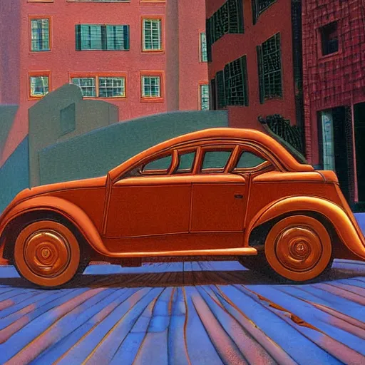 Image similar to copper colored sport car racing through a street in nyc, painted by, mc escher, gordon onslow ford, georgia o'keeffe and ivan aivazovsky, cinematic light, god rays, colourful.