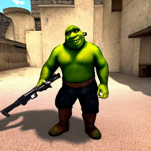 Image similar to shrek in the style of counter strike on de _ dust 2 holding a rifle