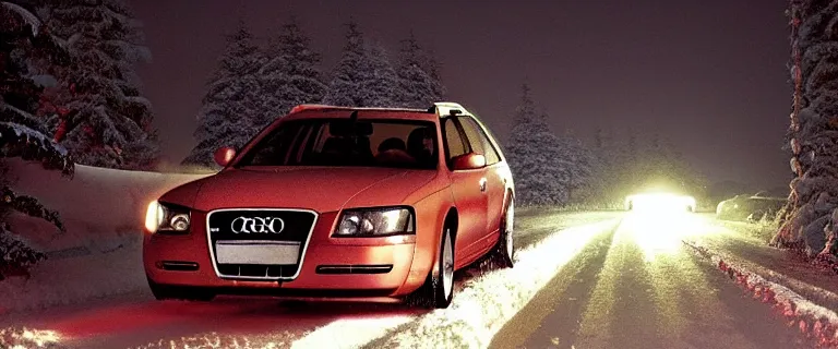 Image similar to Audi A4 B6 Avant (2002), a gritty neo-noir, dramatic bright lighting, cinematic, establishing shot, extremely high detail, photorealistic, cinematic lighting, artstation, by simon stalenhag, Snowy italian road, Snowy Alps, car crash, At night, Poets of the Fall - Late Goodbye