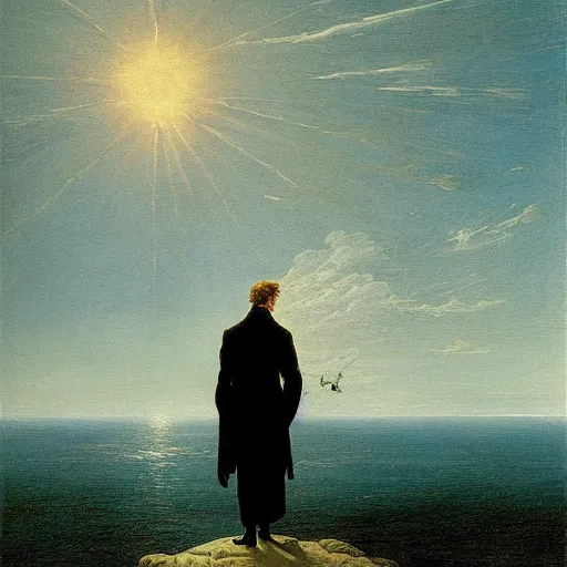 Prompt: Wanderer above the Sea by Caspar David Friedrich in style of Carlos Barbarena