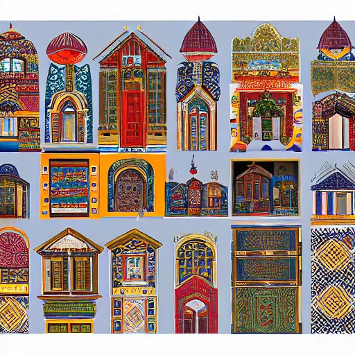 Image similar to contemporary architecture decorated with ethnic traditional ornaments, illustration, high quality