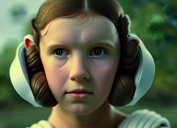 Prompt: film still of!!!! millie bobby brown!!! as princess leia in star wars movie, long braided hair pulled back, closeup portrait, wearing long white robe, yoda on dagobah, deep focus, glamour pose, dramatic lighting, octane, mist, volumetric lighting, split scene, 8 k