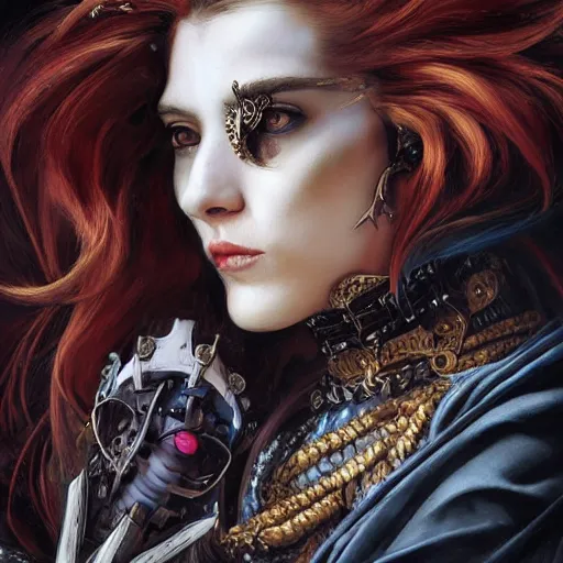 Image similar to portrait, headshot, insanely nice professional hair style, dramatic hair color, digital painting, of a old 17th century, old cyborg merchant, amber jewels, baroque, ornate clothing, scifi, realistic, hyperdetailed, chiaroscuro, concept art, art by Franz Hals and Jon Foster and Ayami Kojima and Amano and Karol Bak,