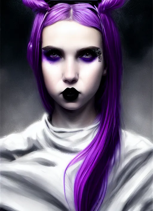 Image similar to portrait of white teenage girl, normal face, black bangs, mall goth, cyberlox, black and white hair, bangs, fluffy bangs, red contacts, purple lipstick, intricate, elegant, highly detailed, digital painting, artstation, concept art, sharp focus, smooth, illustration, art by wlop, mars ravelo and greg rutkowski