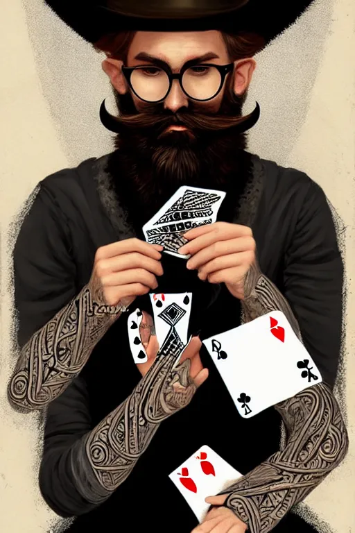 Prompt: bearded hipster looking magician holding playing cards, realistic, modern, magicians eyes are covered with cloth, intricate, elegant, highly detailed, digital painting, artstation, concept art, addiction, chains, smooth, sharp focus, illustration, art by ilja repin