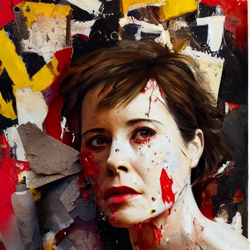 Image similar to hyperrealistic, photorealistic, mixed media oil painting of parker posey, magazine scraps, plaster, blood, oil, mustard, cigarettes, splatter, trending on artstation, award - winning painting, greg rutkowski, basquiat, ralph steadman, terry gilliam