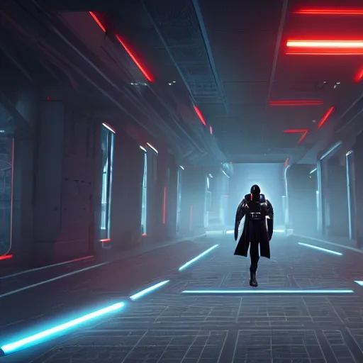 Image similar to photo of Darth Revan walking in a futuristic city in a dystopian future made of electronic components and looks like a giant pcb board. Very detailed 8k. Unreal engine 5 render with nanite, global illumination and path tracing. Cinematic post processing. Emphasize on the colors black and red.