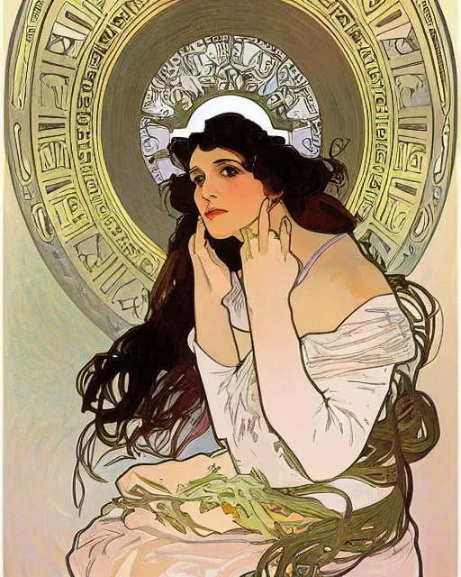 Prompt: painting alphonse mucha, the interior of the opera house, a singer in a white dress on a lighted stage, a palette of pastel colors